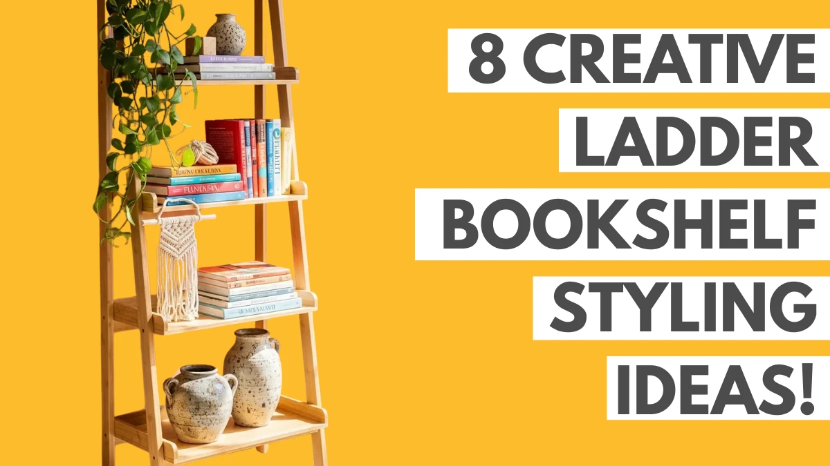 A light wood leaning shelf against a bright yellow background, showcasing vibrant, bohemian creative ladder bookshelf styling ideas. The shelves are styled with a cascading pothos plant, colorful stacked books, a macramé hanging, and large speckled ceramic jugs.