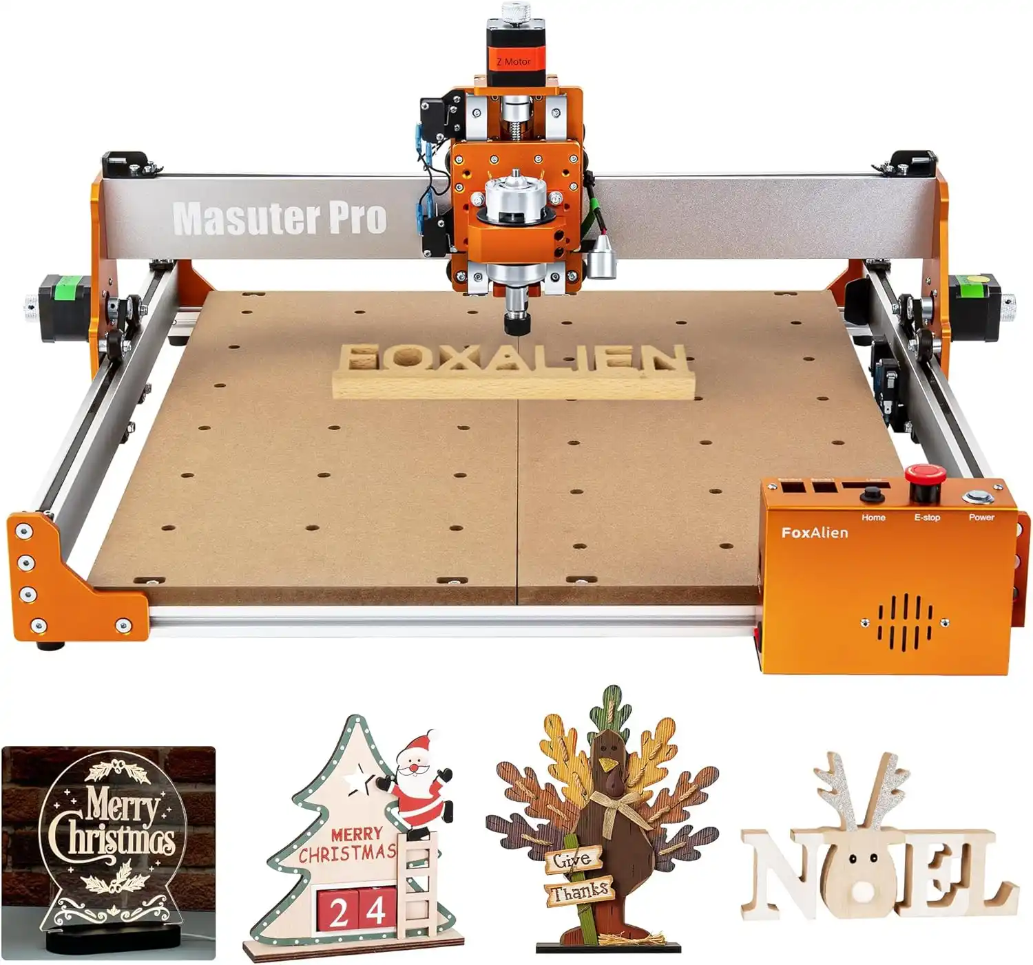 FoxAlien Masuter Pro all-aluminum CNC router engraving a custom wooden sign with high rigidity.