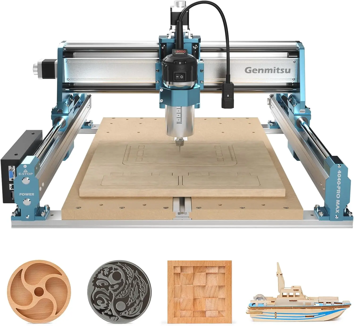 SainSmart Genmitsu 4040-PRO MAX desktop CNC router carving an aesthetic walnut cutting board.