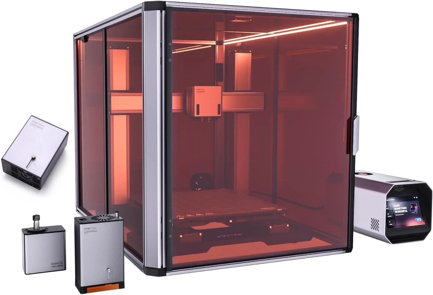 Snapmaker Artisan 3-in-1 fabrication hub performing high-precision CNC wood carving in a compact garage shop.