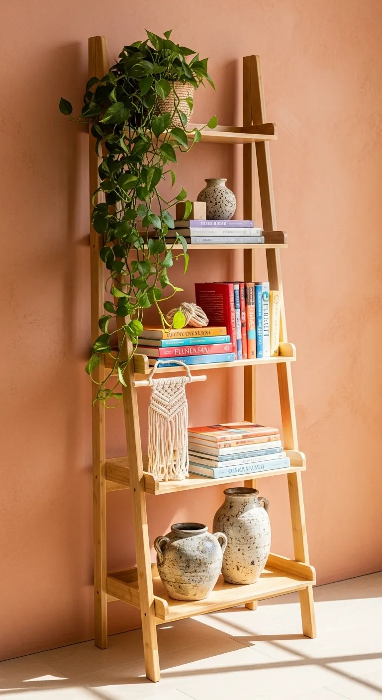 bohemian-ladder-bookshelf-styling-ideas A light natural wood ladder bookshelf styled in a vibrant bohemian aesthetic, featuring cascading pothos in macramé planters, colorful stacked books acting as podiums for succulents, and a woven basket with rolled textiles against a cream textured wall.