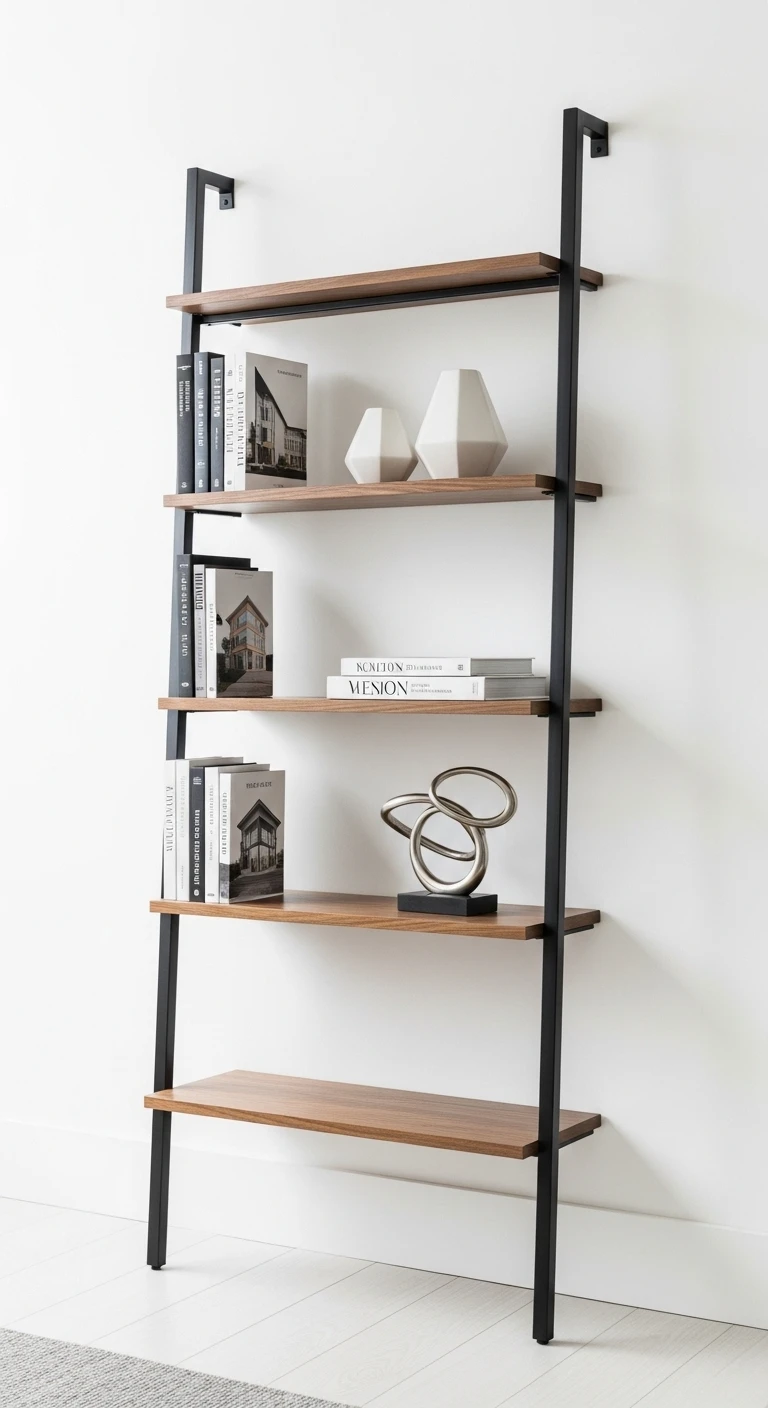contemporary-minimalist-ladder-bookshelf-styling A modern black metal and dark walnut ladder bookshelf minimally styled with monochromatic books, a geometric white vase, and a striking abstract gold porous coral sculpture against a bright white wall.