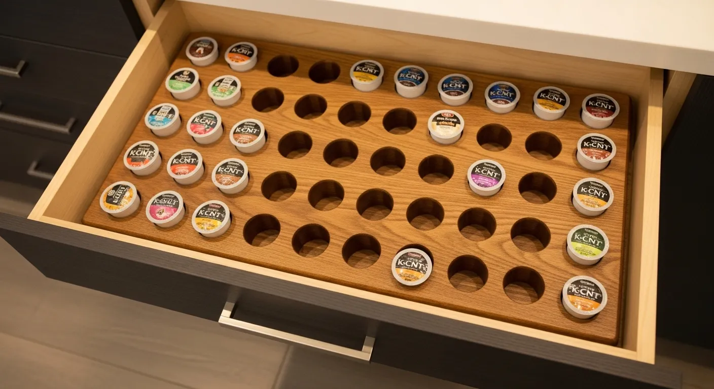 A custom wooden coffee pod organizer sitting neatly inside a kitchen drawer.