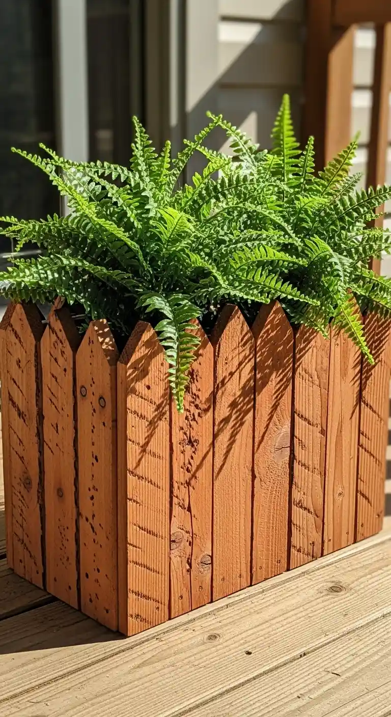 A rustic wooden planter box made from dog-ear cedar fence pickets, filled with bright green ferns sitting on a sunlit wooden deck.