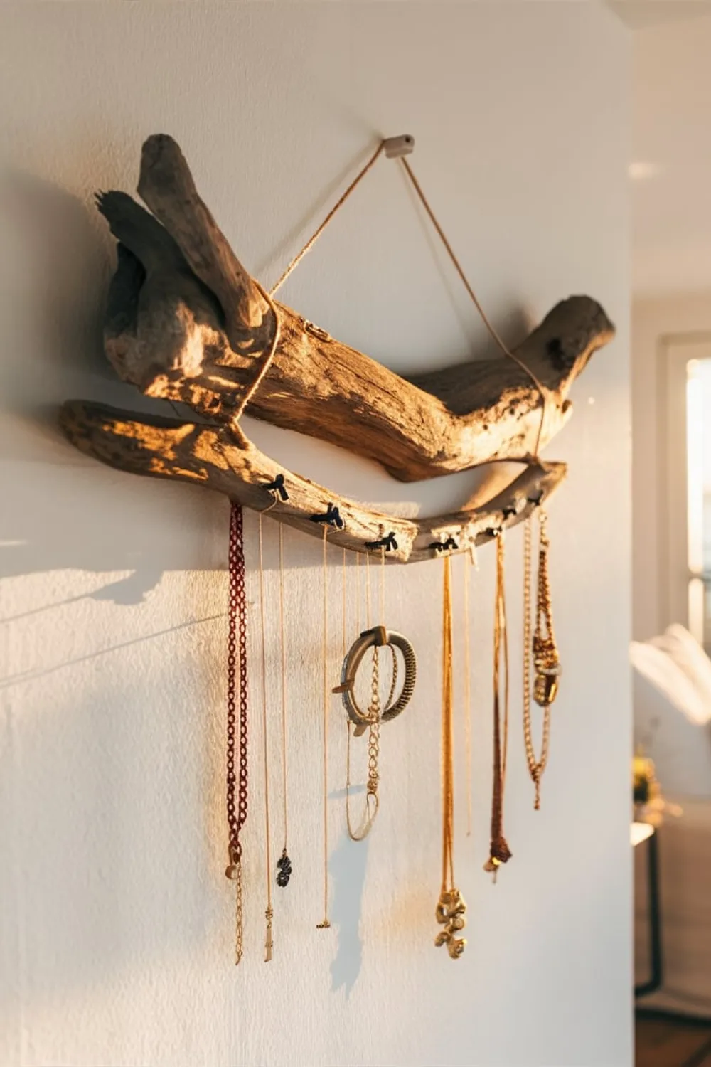 A rustic DIY jewelry holder made from a natural driftwood branch mounted to a wall with small brass hooks hanging various necklaces.