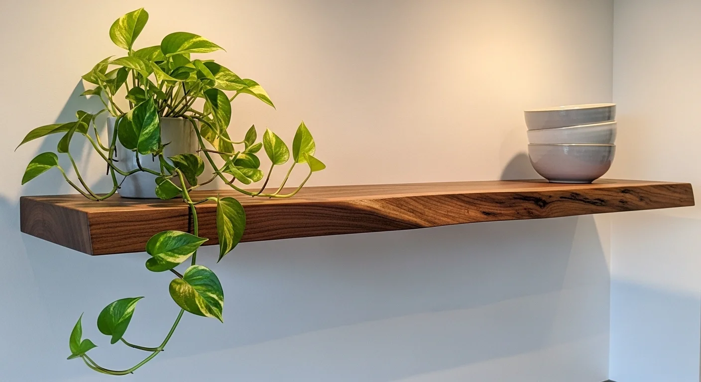 A thick live-edge walnut floating shelf mounted on a white wall holding a plant and bowls.