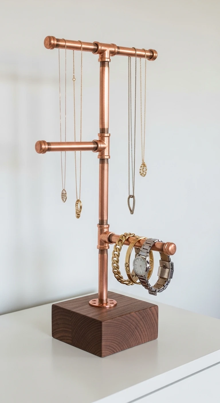 A modern DIY tabletop jewelry organizer constructed from industrial copper pipes and T-fittings, holding necklaces and bracelets on a wooden base.