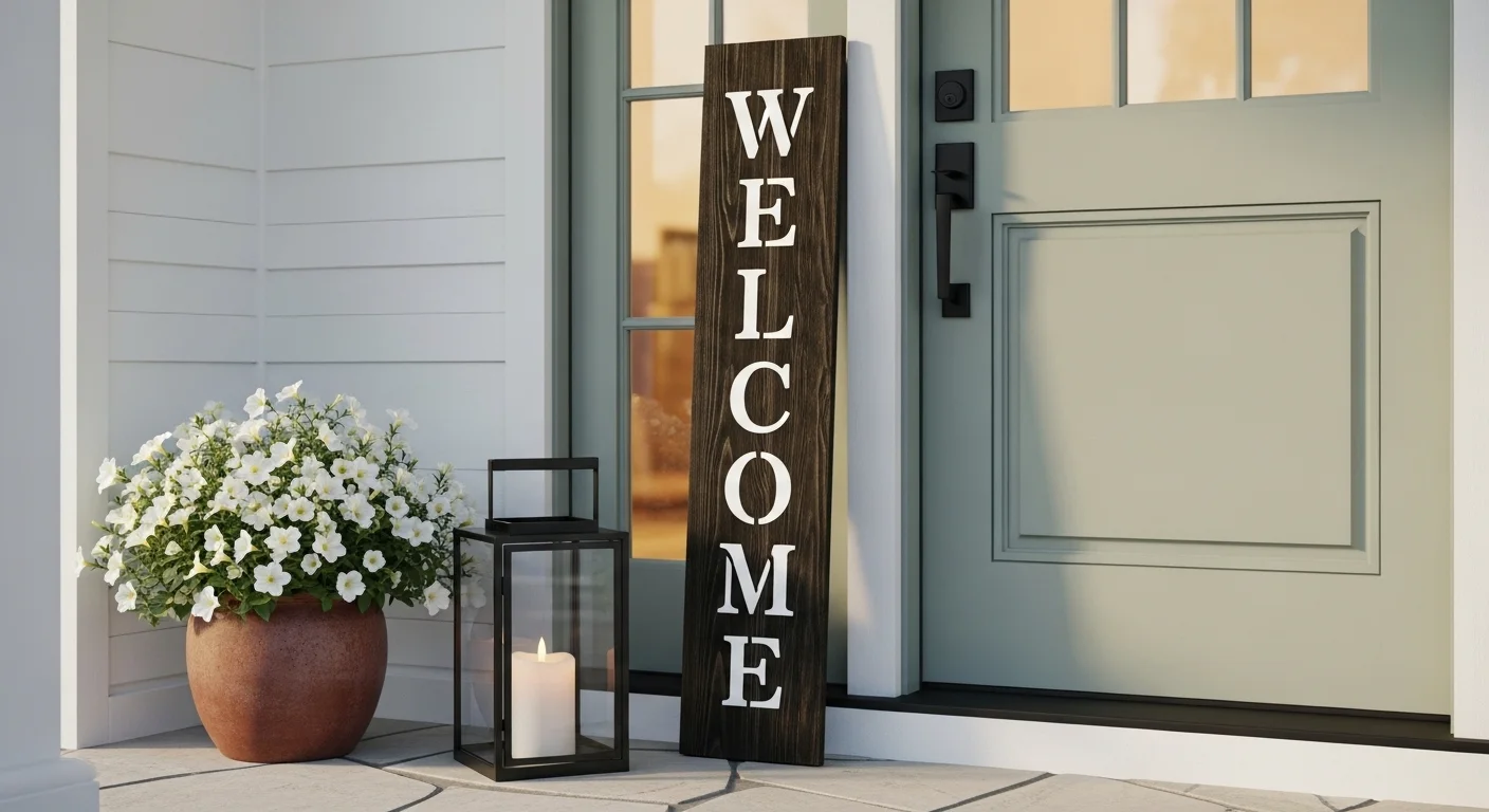 A tall rustic wooden welcome sign leaning against a farmhouse front porch.
