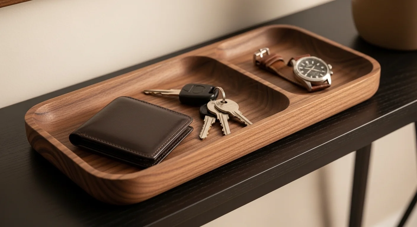 A carved walnut catch-all tray holding a wallet, keys, and a watch.