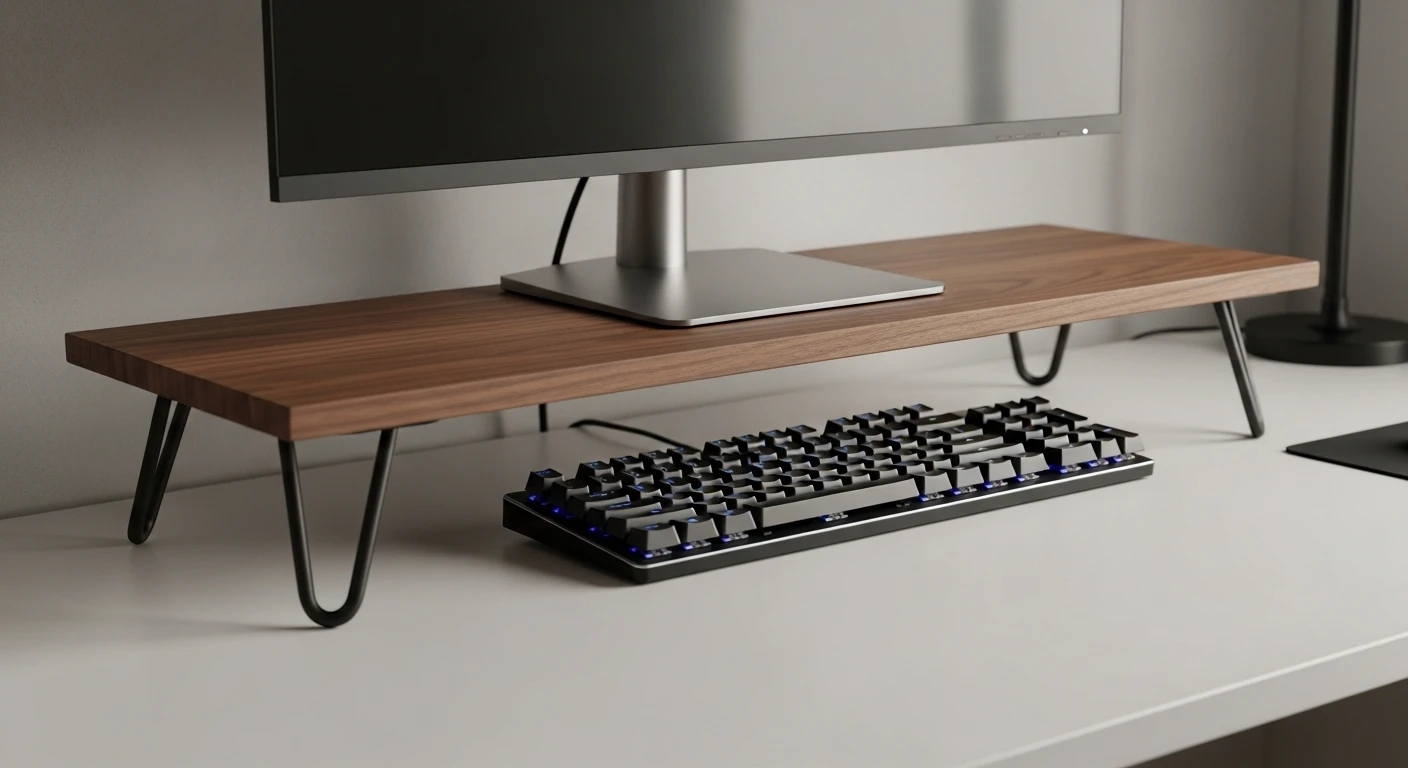 A solid walnut computer monitor stand with black metal legs on a modern desk