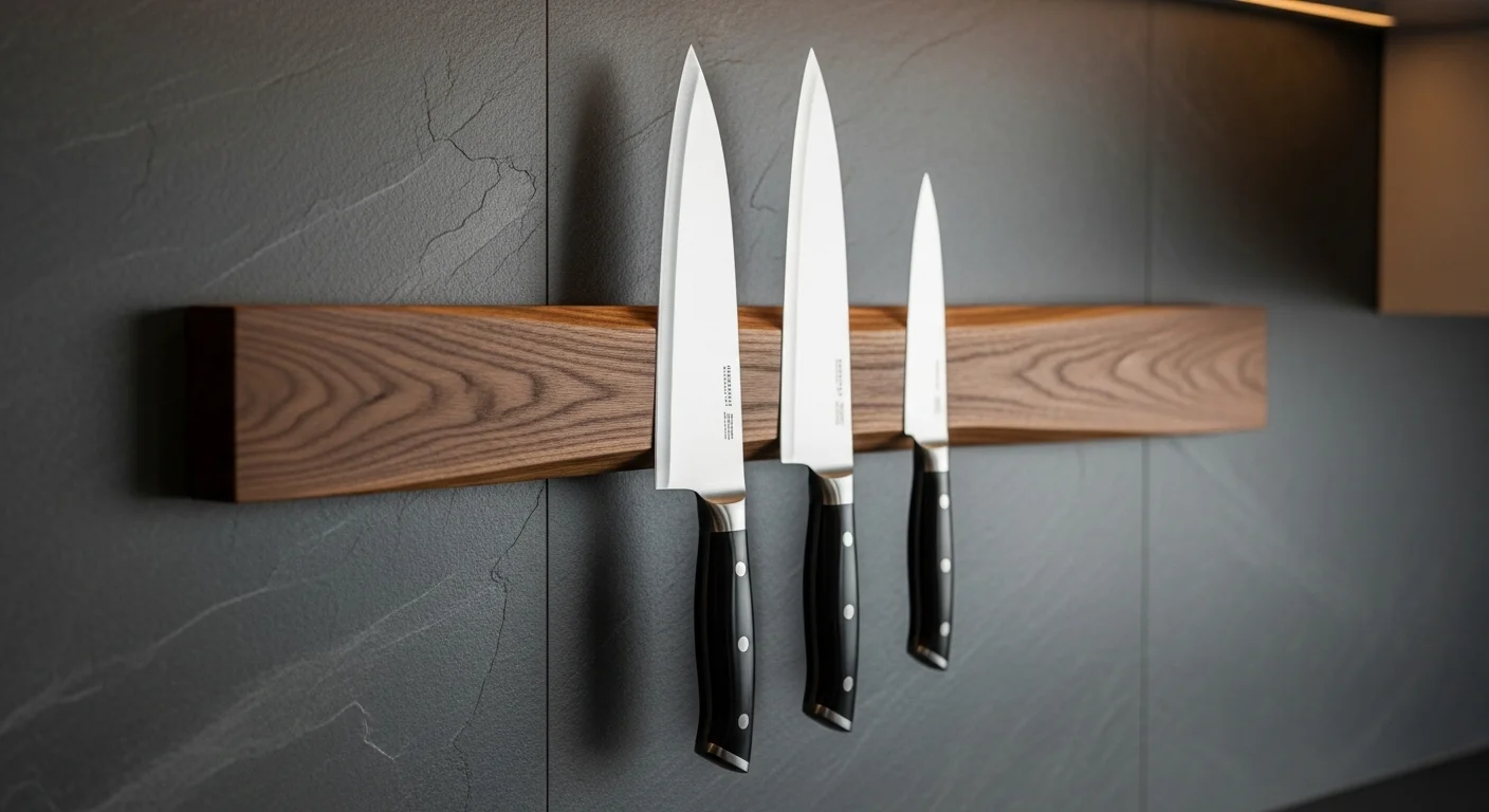 A minimalist walnut magnetic knife strip mounted on a wall with three chef knives attached.
