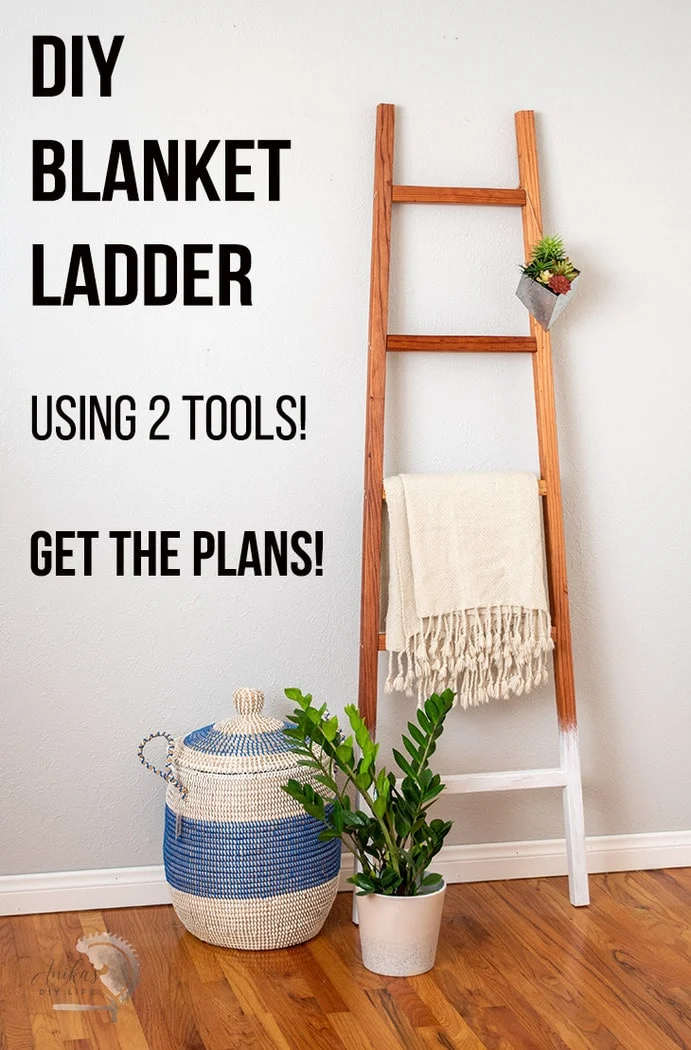 A rustic wooden blanket ladder leaning against a wall, displaying cozy throw blankets.
