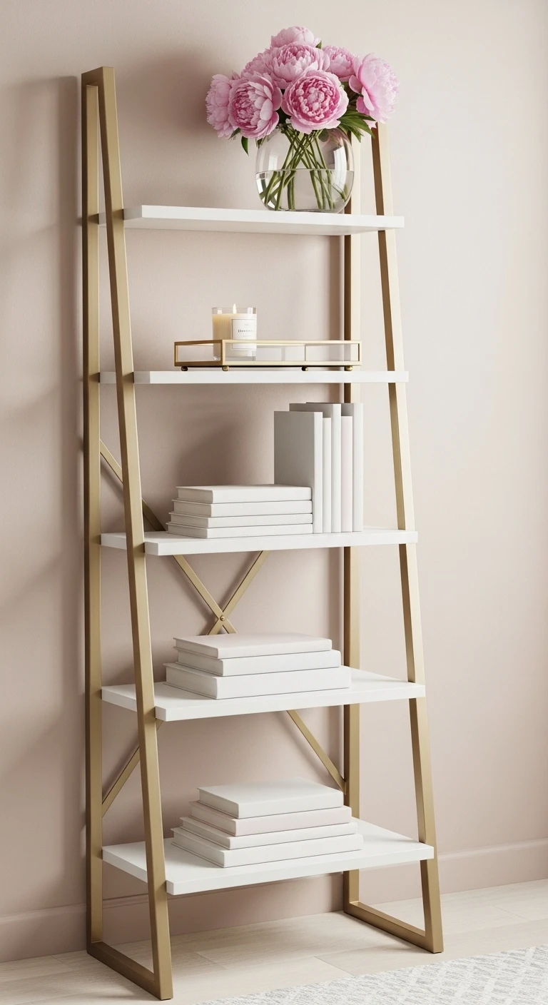 eminine-elegant-ladder-bookshelf-styling A brushed gold and white ladder bookshelf styled elegantly with solid white and pastel books, a gold vanity tray holding a candle, and a clear glass vase filled with pink peonies against a blush pink wall.