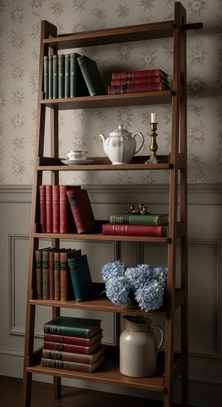 english-country-ladder-bookshelf-styling-ideas A dark walnut ladder bookshelf set against floral wallpaper and wainscoting, styled with vintage red and green books, a ceramic teapot, a brass candlestick, blue hydrangeas, and a large stoneware pitcher.