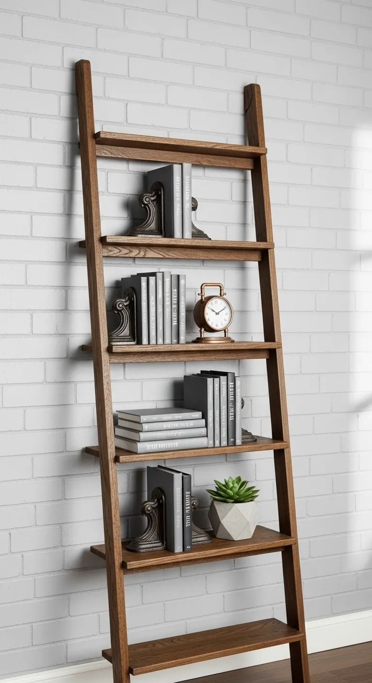 industrial-ladder-bookshelf-styling-ideas A 5-tier dark oak wood ladder bookshelf styled in an industrial aesthetic with cast iron bookends, monochromatic books, a brass clock, and a geometric concrete succulent planter against a white brick wall.