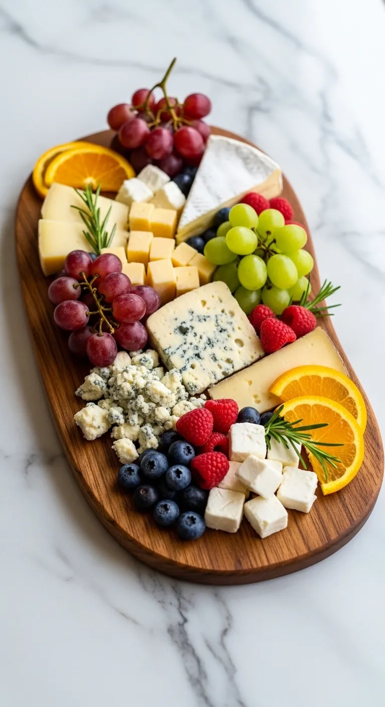 A rich charcuterie spread featuring cheeses, grapes, and berries arranged on a beautiful organically shaped wooden serving board.