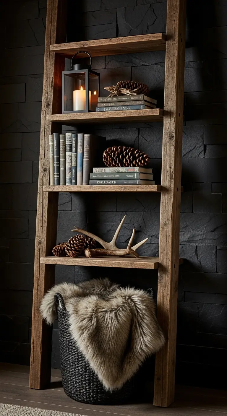 mountain-lodge-ladder-bookshelf-styling-ideas A chunky reclaimed wood ladder bookshelf styled in a moody mountain lodge aesthetic, featuring a dark woven basket with a faux fur blanket, decorative antlers, oversized pinecones, and a black metal lantern against a dark charcoal stone wall.