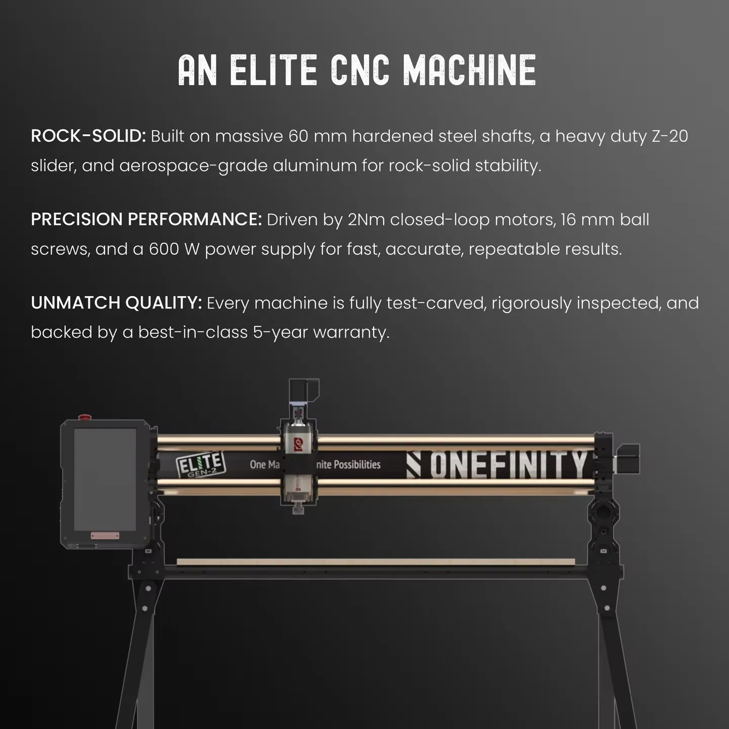 Onefinity Elite Foreman CNC machine with 15-inch touch screen in a modern, Pinterest-ready woodworking shop.