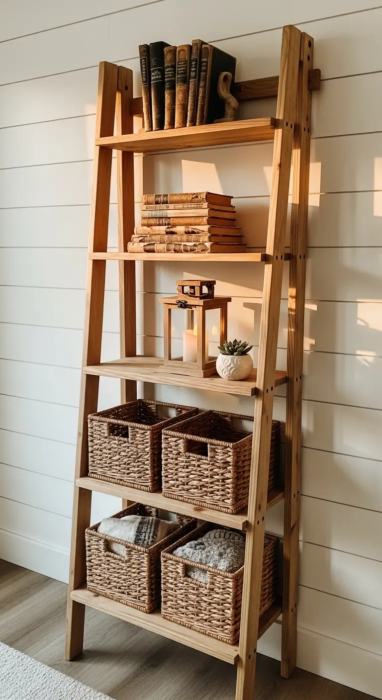 rustic-farmhouse-ladder-bookshelf-styling A rustic pine ladder bookshelf against a white shiplap wall, styled with four wicker baskets containing cozy blankets, a wooden candle lantern, a small succulent, and stacks of vintage books bathed in warm golden-hour lighting.