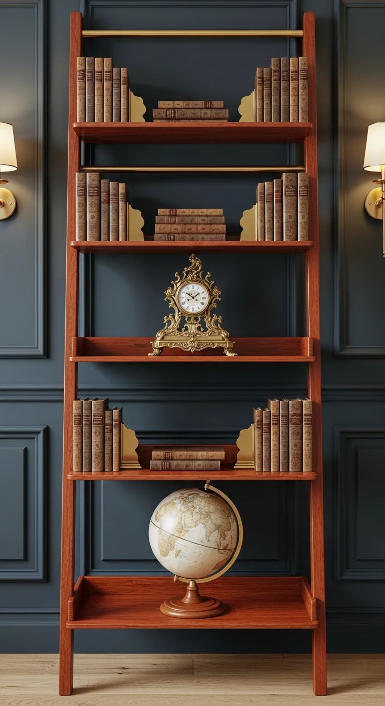 traditional-classic-ladder-bookshelf-styling A dark mahogany ladder bookshelf styled symmetrically against a navy wainscoted wall with vertical classic books, ornate gold bookends, a central antique brass clock, and a large sepia world globe.