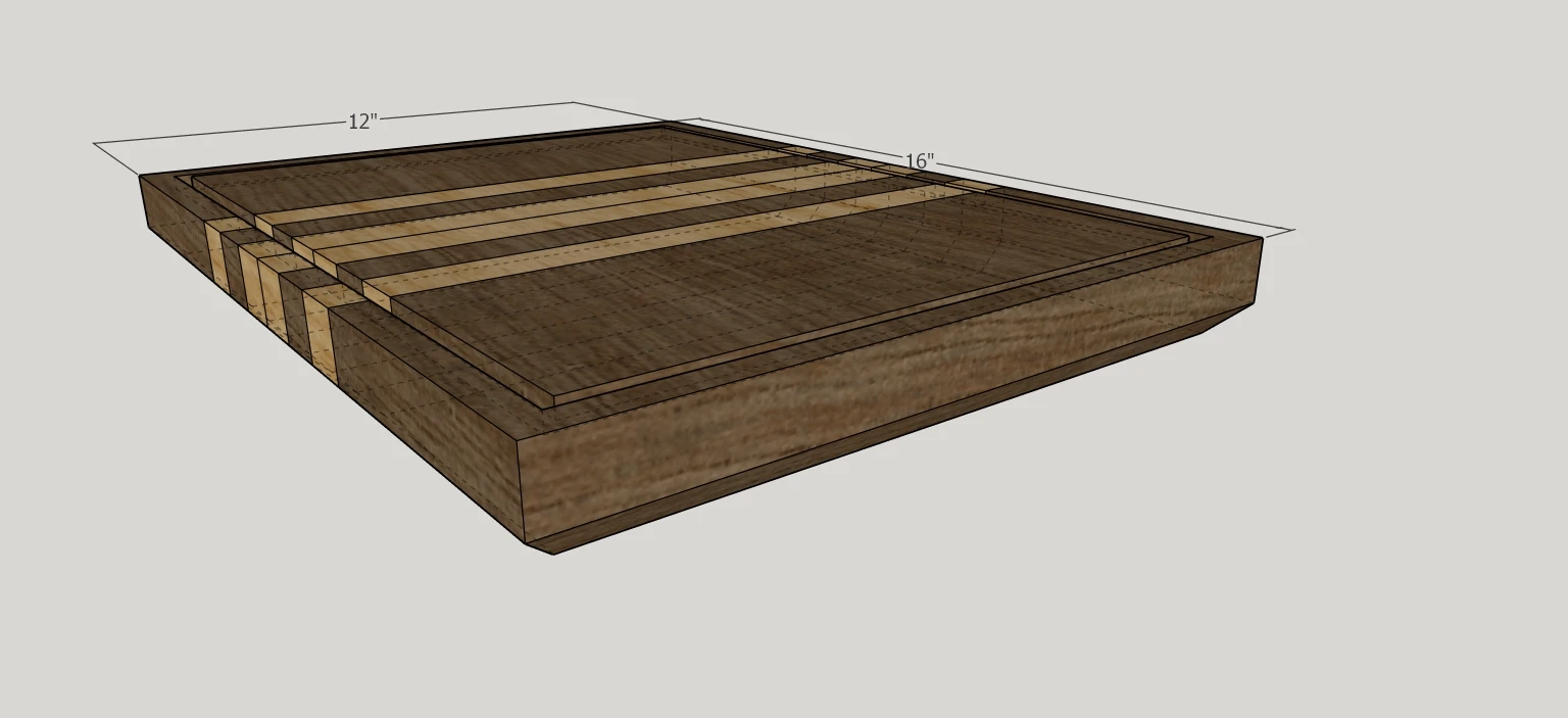 aesthetic-edge-grain-cutting-board-woodworking-plan 3D woodworking plan rendering of an aesthetic edge-grain walnut and maple cutting board featuring a juice groove and chamfered edges.
