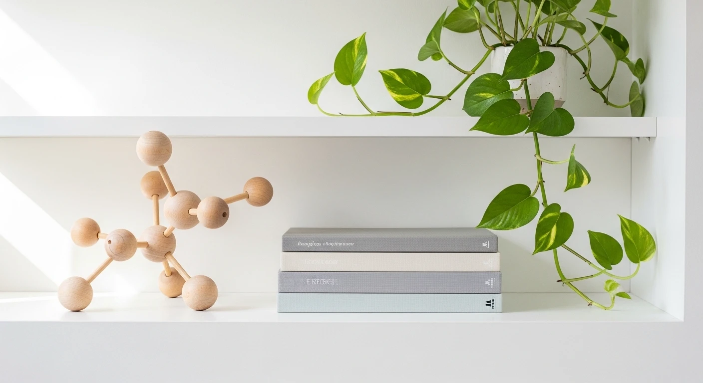 cute-Eames-Inspired Molecule Sculpture handmade mid-century modern wooden molecule sculpture on a bookshelf, serving as a high-end, wood project that is great for selling.