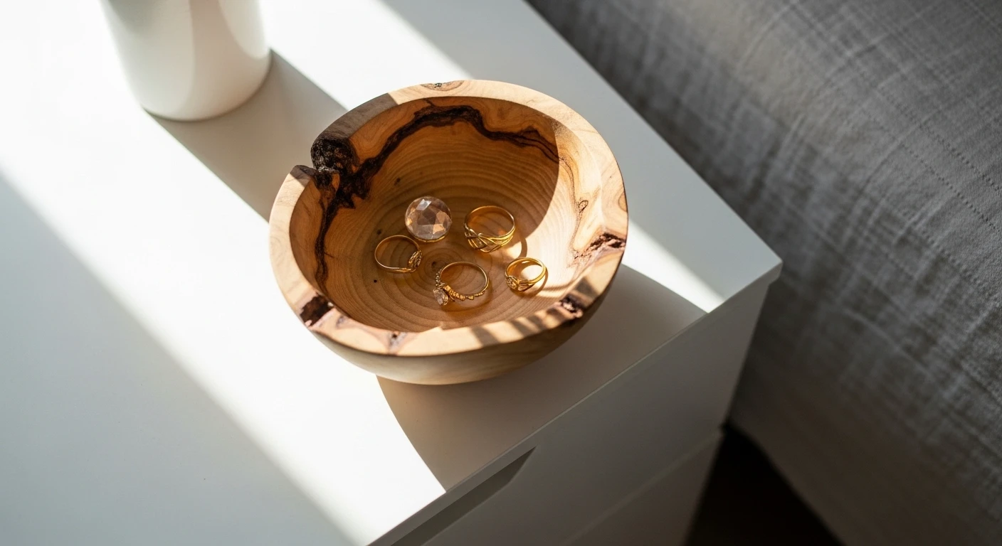 cute-wood-projects-carved-jewelry-bowl A small, organically carved wooden bowl holding gold rings on a nightstand, serving as a functional and cute wood project for room organization.