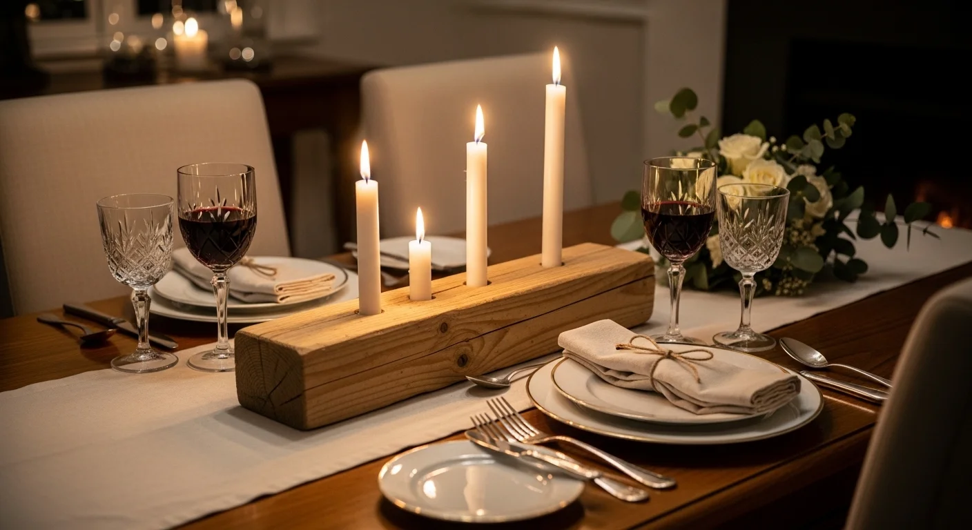 cute-wood-projects-rustic-candle-centerpiece A glowing rustic wood candle holder used as a romantic table centerpiece, serving as a heartfelt and cute wood project to make for your partner.