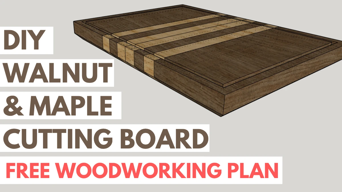 3D SketchUp rendering of a DIY walnut and maple edge-grain cutting board woodworking plan.