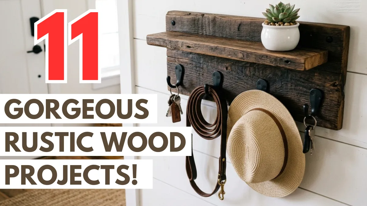11 Gorgeous Rustic Wood Projects text overlay next to a handmade wooden entryway leash and key holder holding a straw hat and leather leash