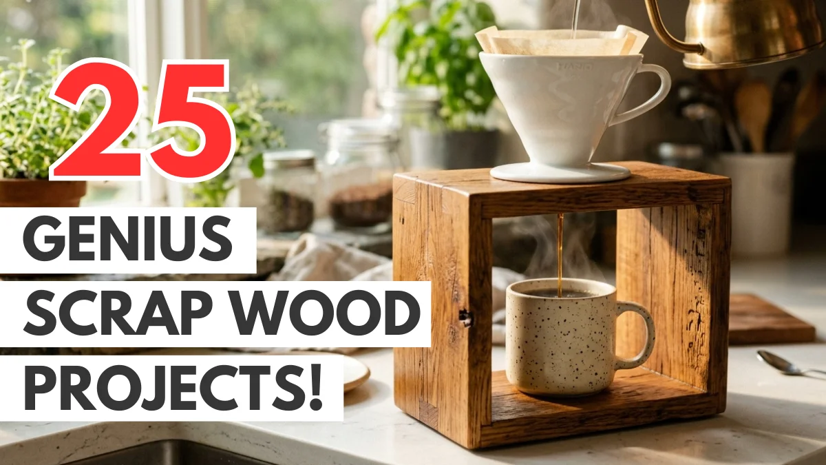 Featured image for 25 Genius Scrap Wood Projects showing a handmade rustic wooden coffee pour-over stand on a kitchen counter with bold text overlay reading "25 Genius Scrap Wood Projects!"