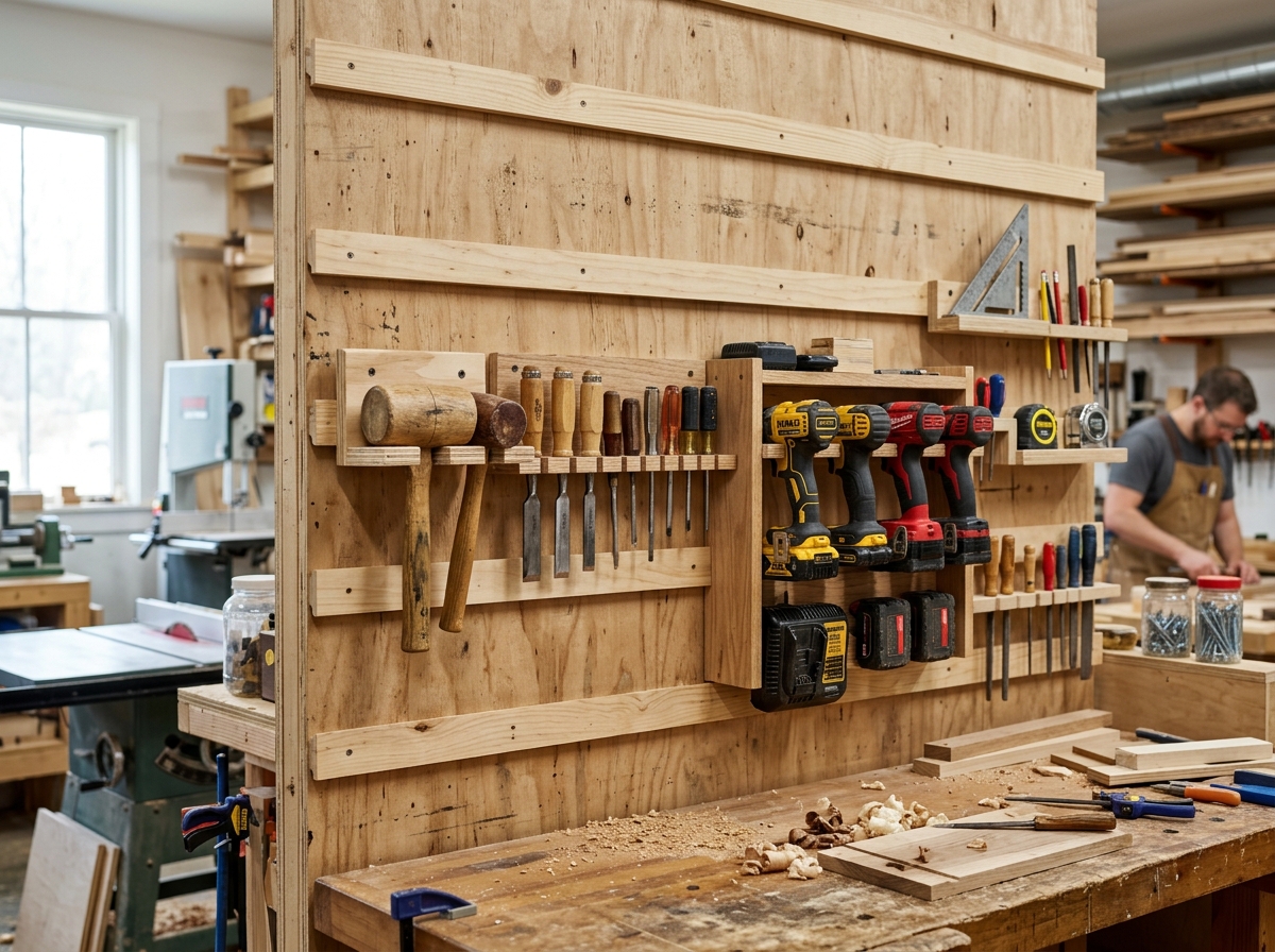 A woodworking shop featuring a plywood wall equipped with a wooden French cleat system, displaying custom scrap wood storage racks holding power drills, mallets, and hand tools.