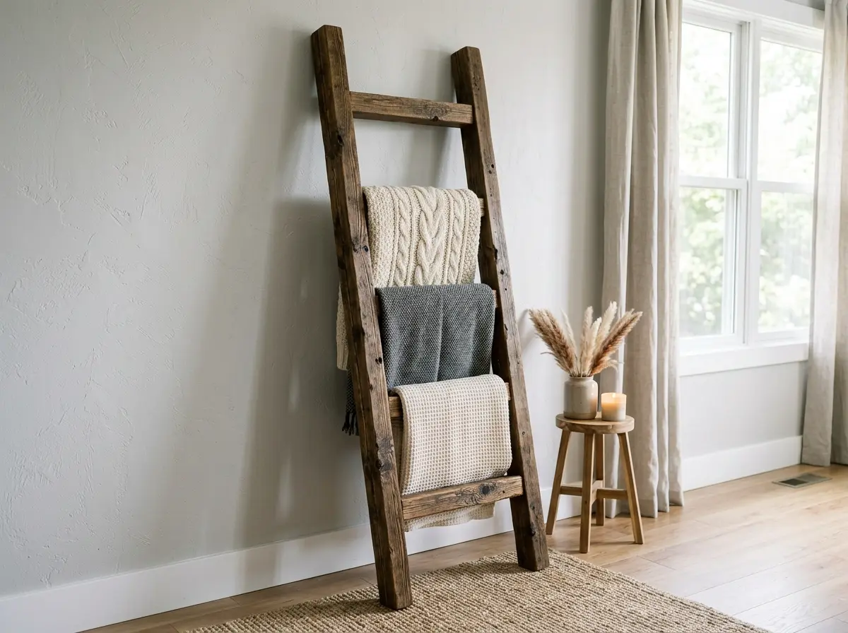 Chunky dark-stained rustic wooden blanket ladder leaning against a gray wall with textured throw blankets