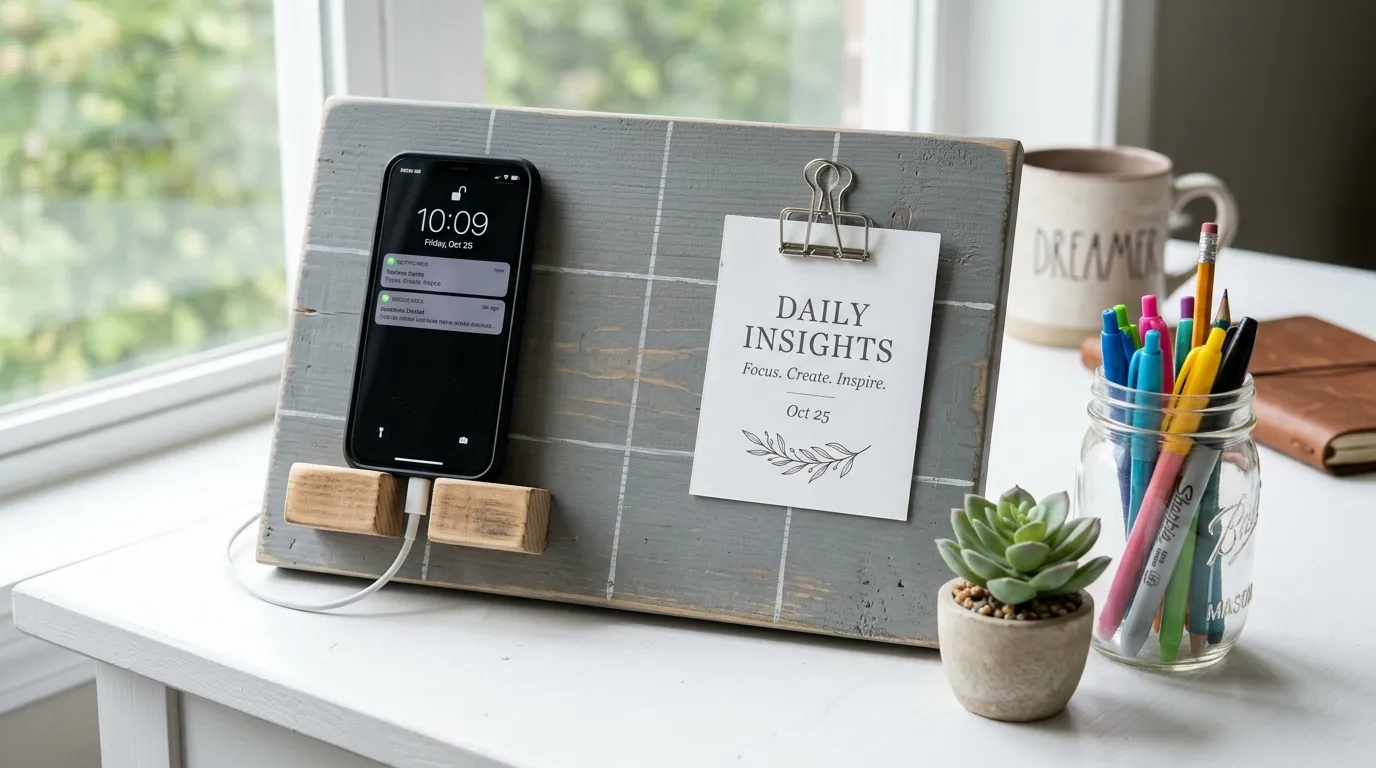 A handmade wooden desk organizer with a distressed grey finish and white grid lines, featuring a charging smartphone, a note held by a binder clip, and surrounding office supplies.