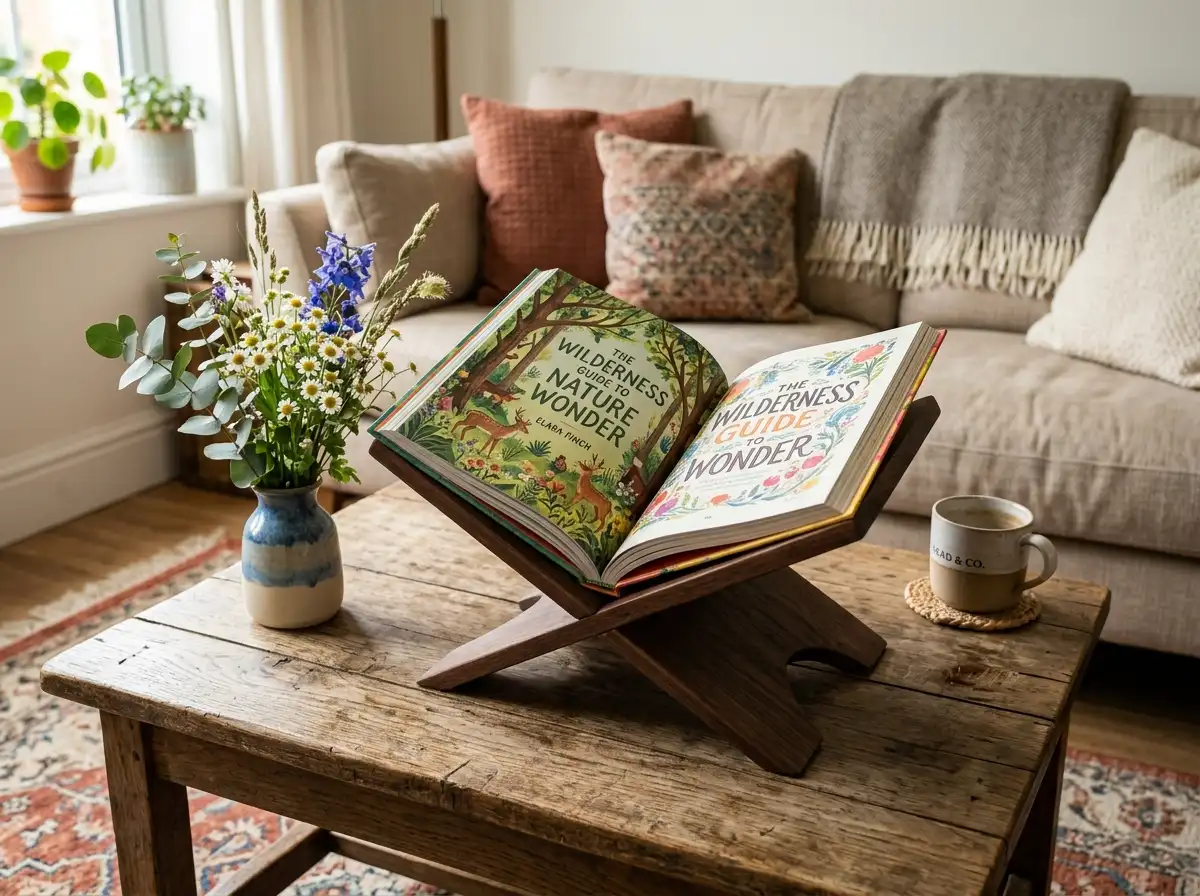 A minimalist, dark-stained wooden book stand made of two interlocking boards in an 'X' shape, resting on a rustic coffee table and holding open a colorful book. A small vase of flowers and a living room sofa are in the background.