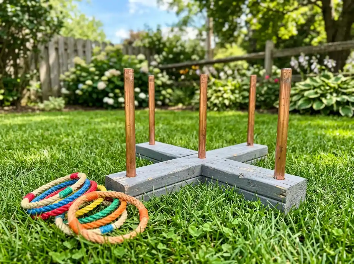 A DIY yard ring toss game on a green lawn. The base is made of two interlocking grey-painted 2x4 wood scraps in a cross shape with five copper pipe pegs. Colorful rope rings sit in the grass nearby.