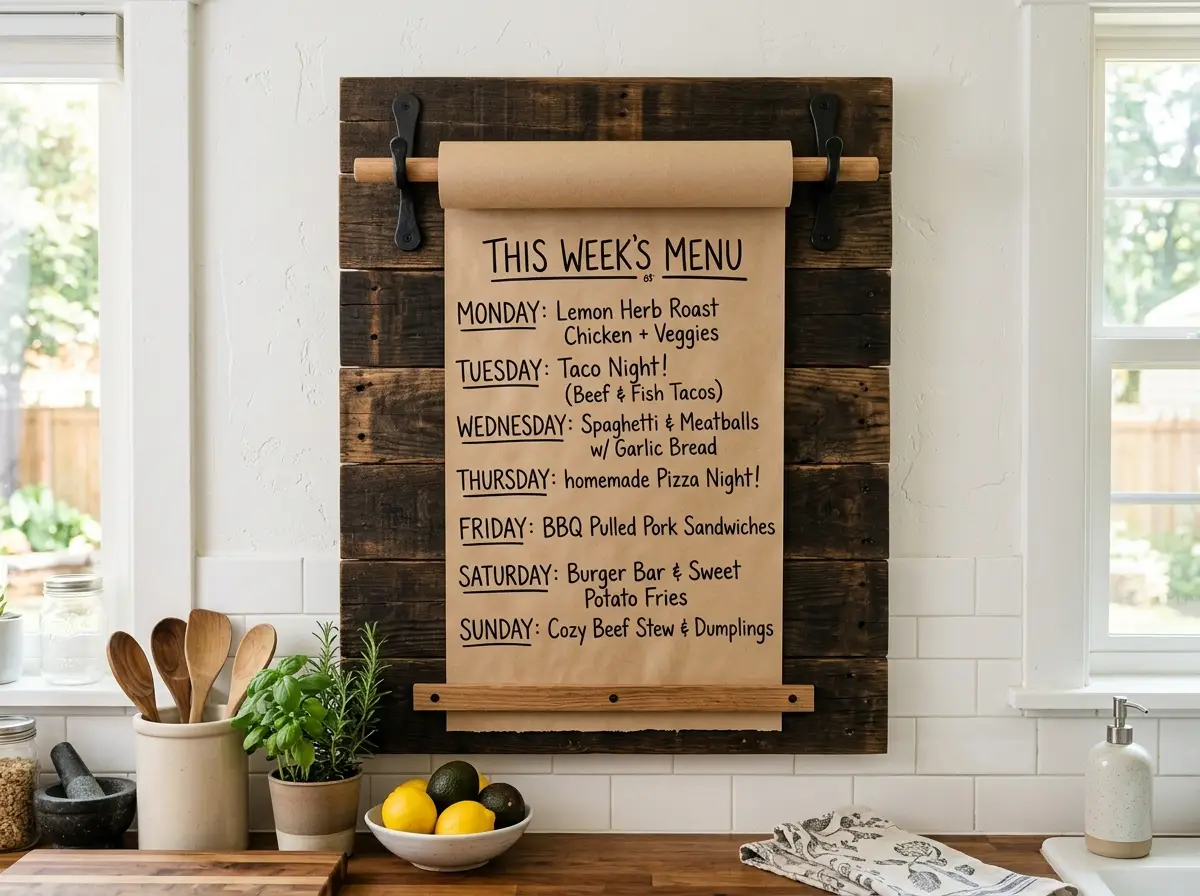 Handmade rustic wood wall-mounted menu board with brown kraft paper displaying a weekly dinner menu in a modern farmhouse kitchen