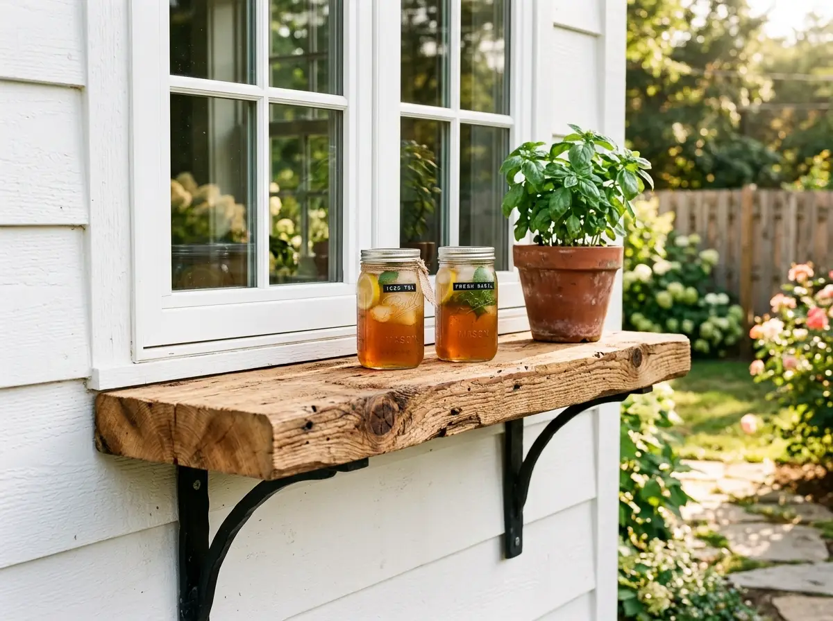 Thick rustic wood outdoor window serving shelf on black iron brackets below a farmhouse window with mason jars