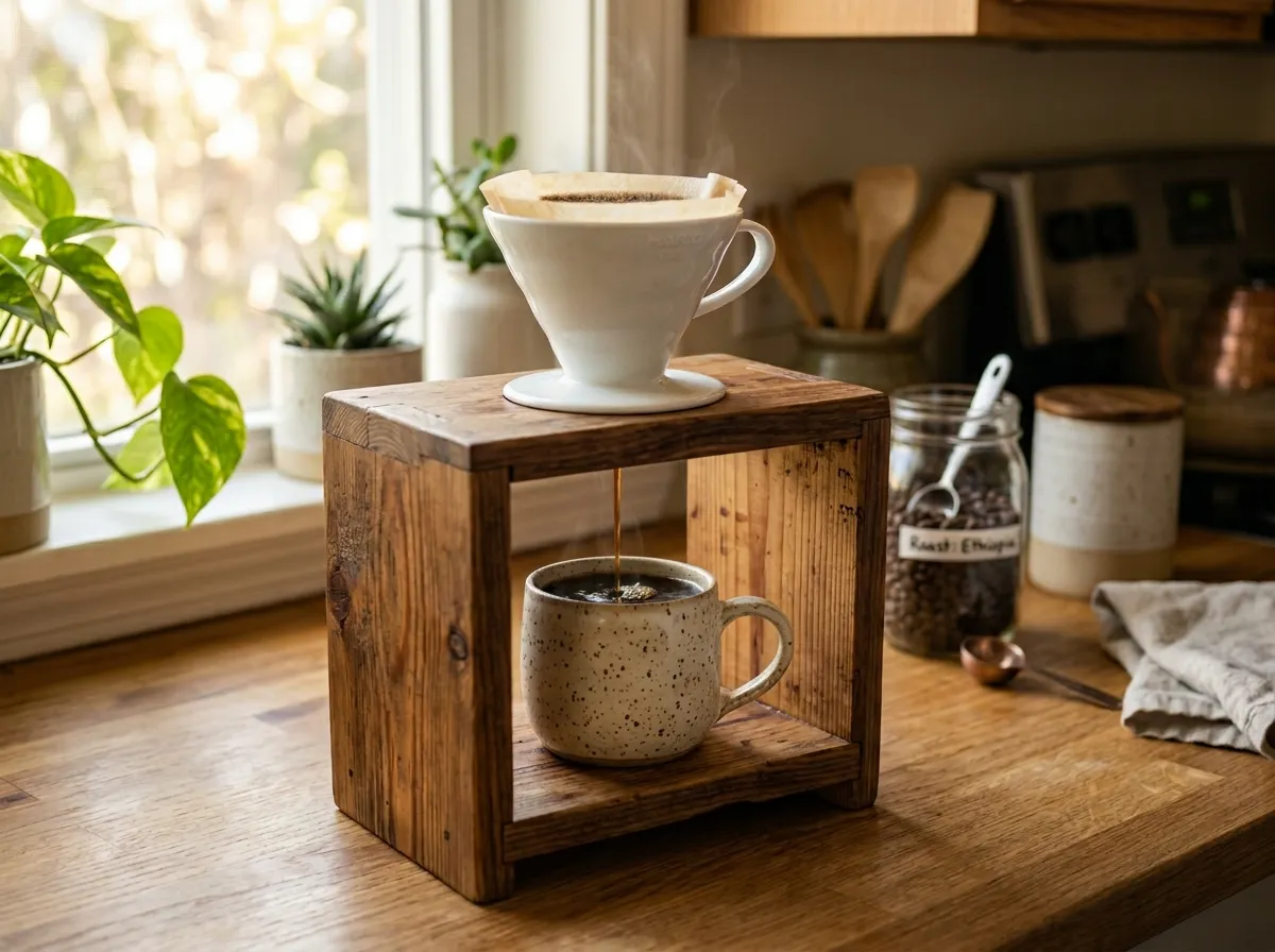A handmade wooden open-box pour-over coffee stand sitting on a warm wood kitchen counter. A white ceramic coffee dripper rests in a hole on the top piece, actively dripping dark coffee into a speckled ceramic mug placed on the bottom base. Bright morning sunlight streams in from a window in the background.