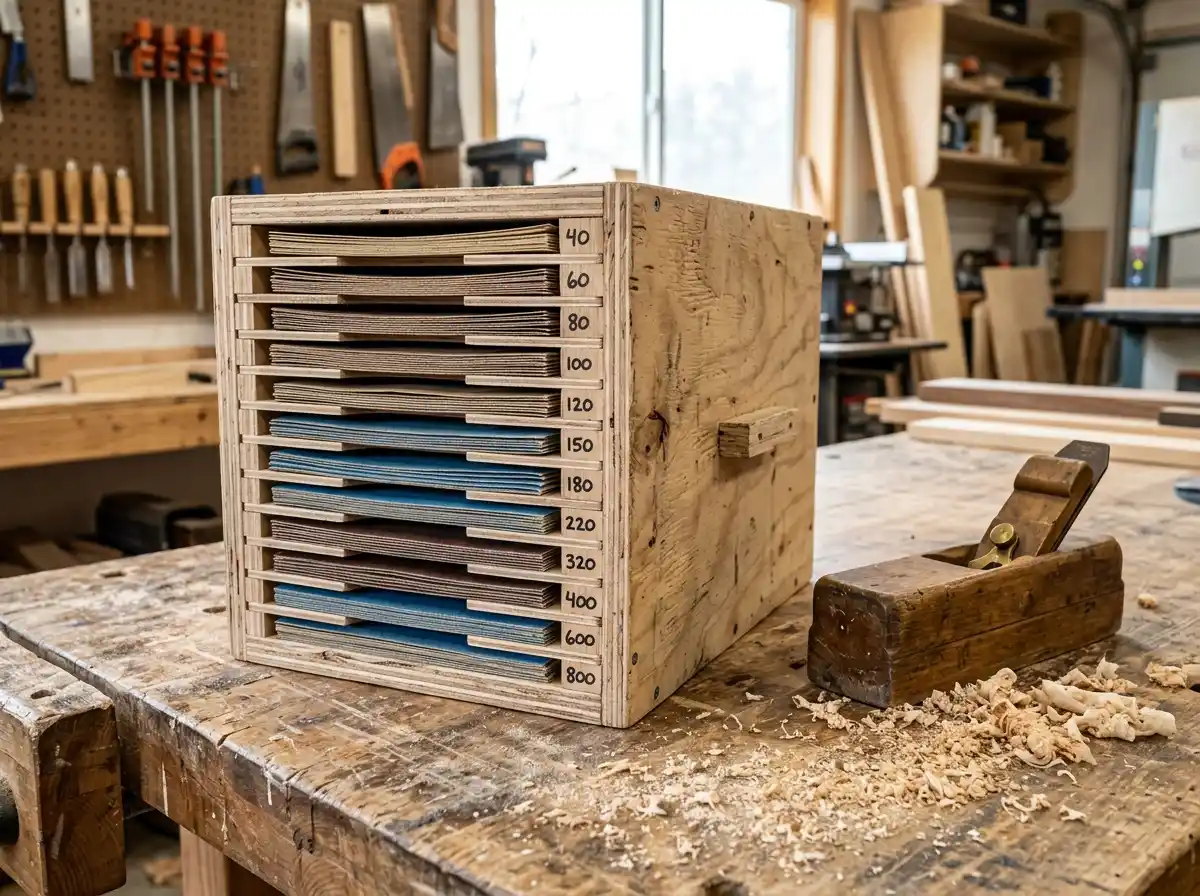 A handmade slotted wooden organizer made from scrap plywood sitting on a rustic workbench, holding various grits of sandpaper on thin shelves labeled with numbers ranging from 40 to 800, with a hand plane and wood shavings nearby.
