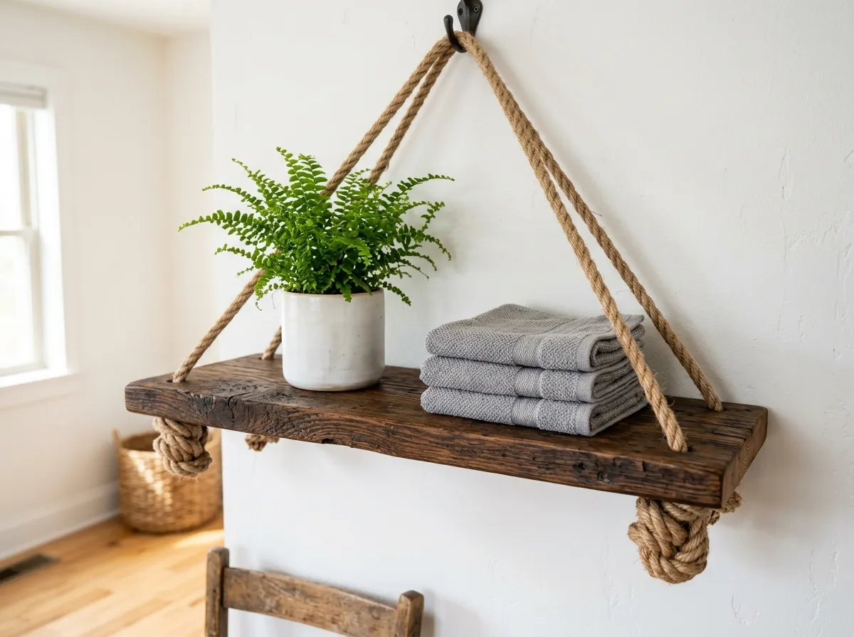 A rustic hanging shelf made from a dark-stained scrap wood plank, suspended by thick jute rope knotted underneath, holding a potted fern and folded grey towels against a bright white wall.
