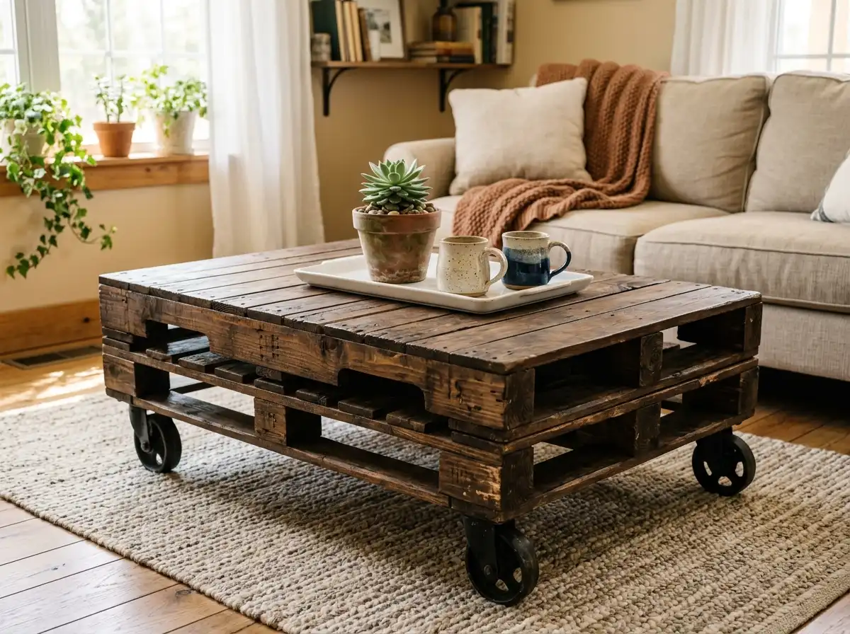 Rustic DIY coffee table made from two stacked stained wooden pallets on metal caster wheels in a living room