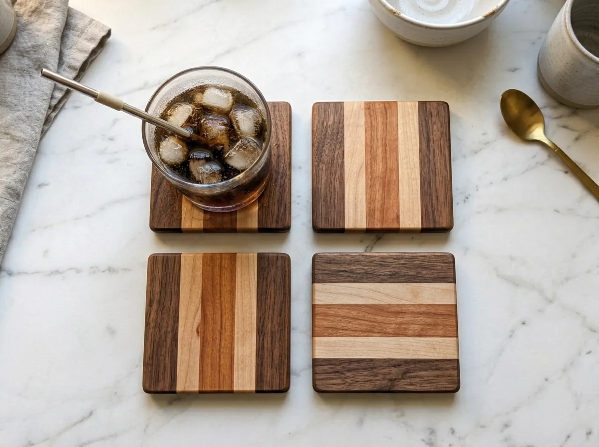 A top-down view of four handmade square wooden coasters constructed from contrasting walnut, cherry, and maple wood strips, arranged on a white marble countertop. One coaster holds a glass of iced drink with a metal straw.