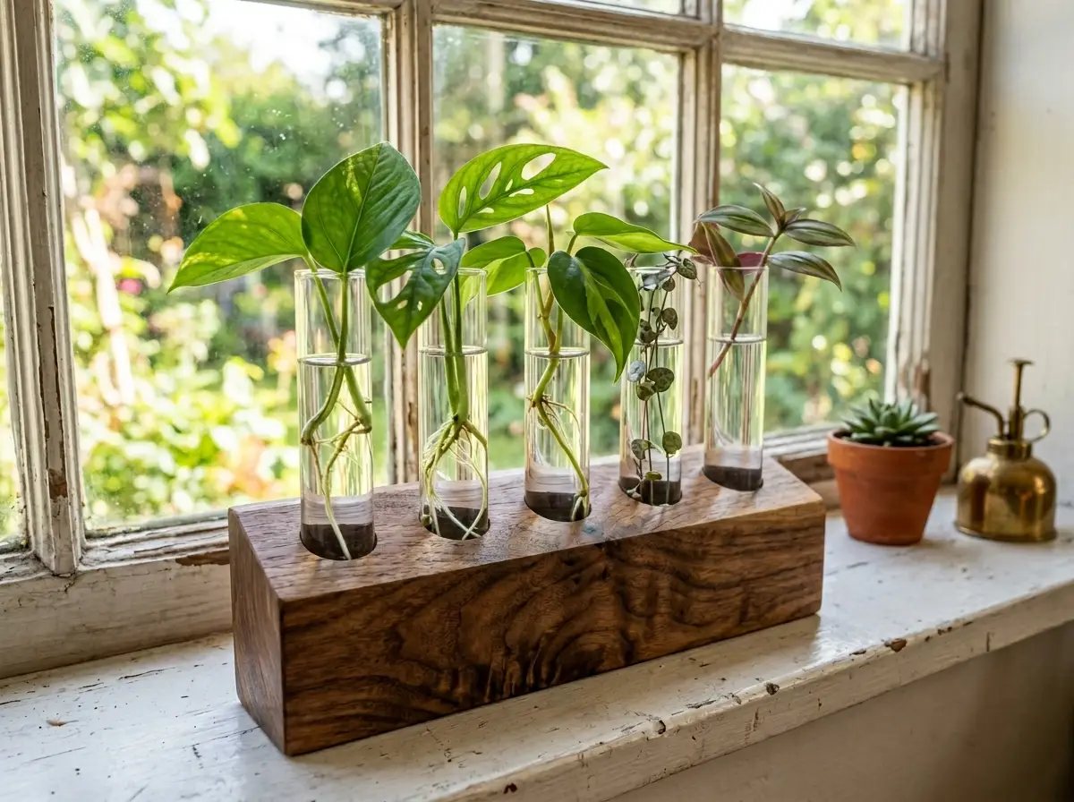 A handmade wooden plant propagation station sitting on a white windowsill. The base is made from a thick block of rich walnut wood with a 30-degree angled cut across the top front edge. It holds five clear glass test tubes filled with water and vibrant green houseplant cuttings with visible roots. Bright natural sunlight streams through the window behind it.
