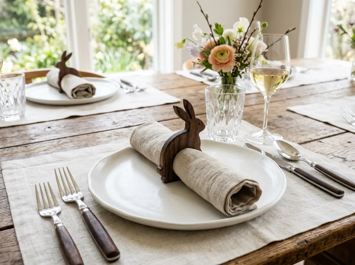 A beautifully set rustic dining table featuring a white plate and a rolled linen napkin held by a handmade dark walnut wood napkin ring shaped like a rabbit silhouette. Cutlery, a wine glass, and a vase of flowers are in the background.