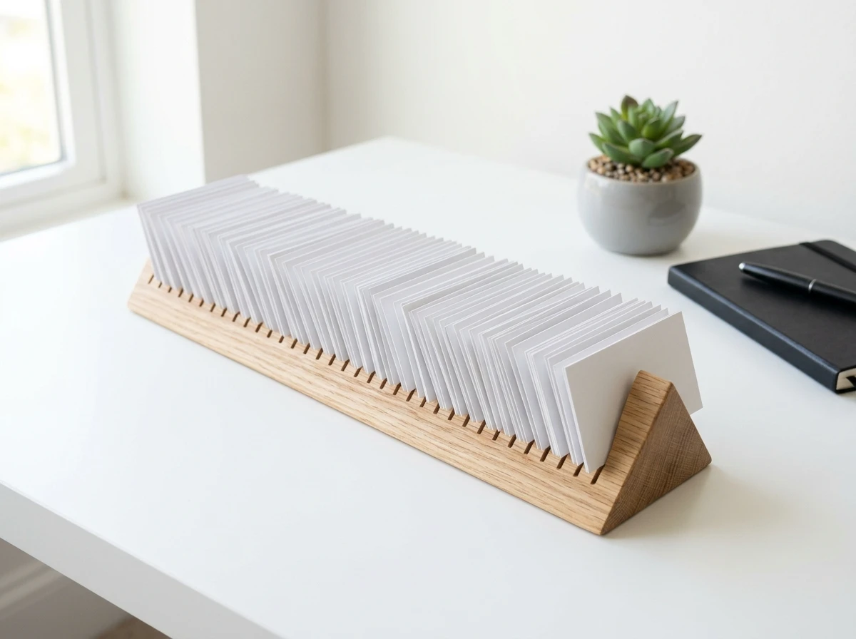 A long, triangular wooden business card display sitting on a bright white desk, featuring evenly spaced slots holding a fanned row of crisp white business cards. A small potted succulent and a black notebook are in the background.