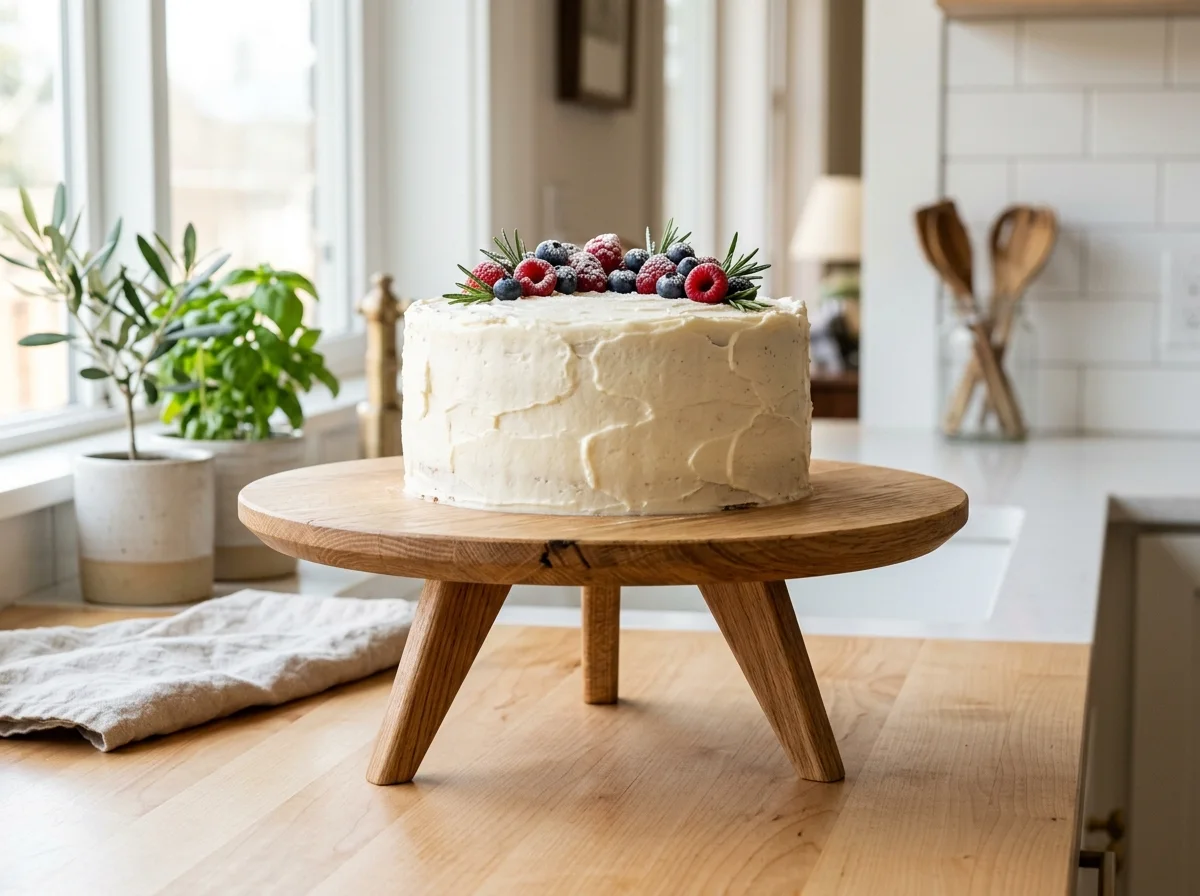 A handmade mid-century modern wooden pedestal cake stand resting on a light wood kitchen counter. The stand features three angled legs and holds a white frosted cake beautifully topped with fresh raspberries, blueberries, and rosemary sprigs. A bright, inviting kitchen with a window and potted plants is in the background.
