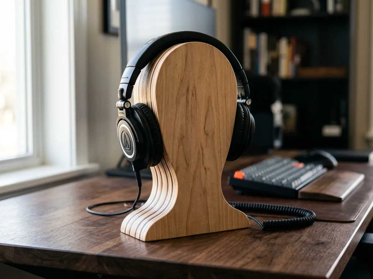 A handmade wooden headphone stand sitting on a walnut desk, carved into a solid abstract head silhouette. The stand is made from layered plywood with visible striped edges and holds a pair of black professional over-ear headphones. A mechanical keyboard and monitor are in the blurred background.