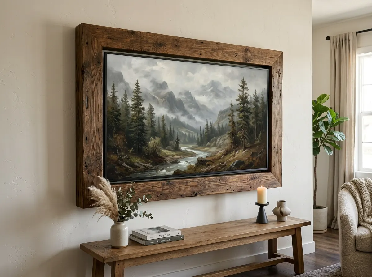 Large mitered rustic wood TV frame made from weathered planks mounted on a farmhouse living room wall