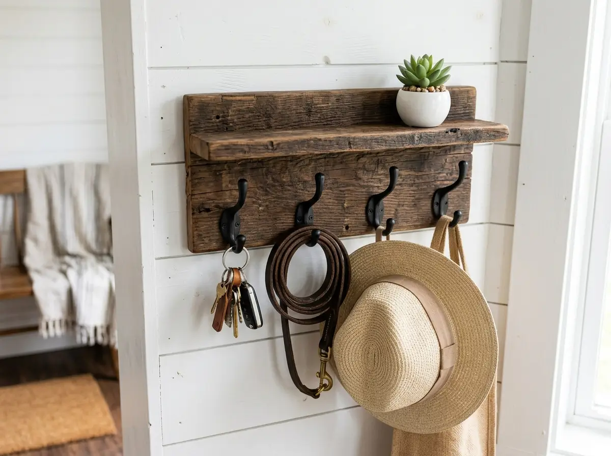 Handmade rustic wood entryway wall organizer with black hooks holding a leather dog leash and keys